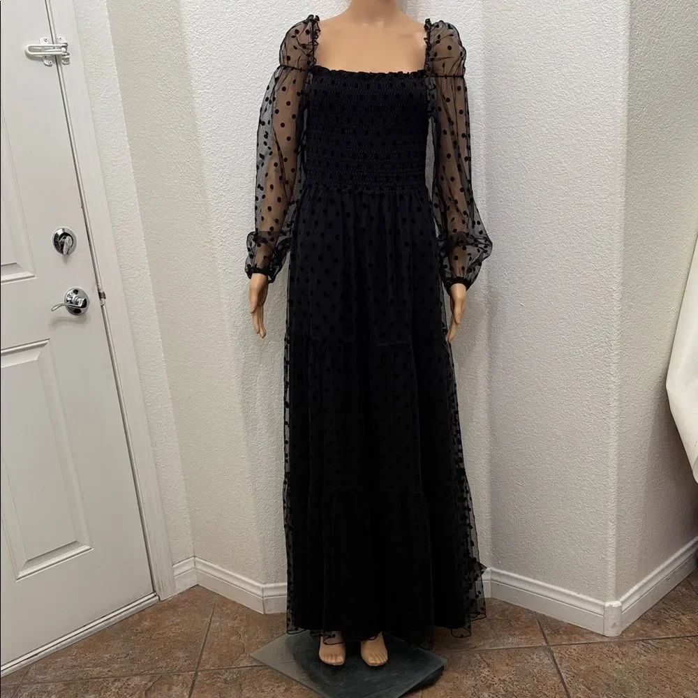 See And Be Seen Elegant Black Polka Dot Long Sleeve Sheer Maxi Dress Elastic Top